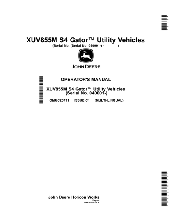 John Deere XUV855M S4 Gator Utility Vehicles (Export)(Serial No. 040001-) Operator’s Manual (OMUC26711)