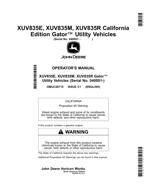 John Deere XUV835E, XUV835M, XUV835R Gator Utility Vehicles (040001-) (California Edition) Operator’s Manual (OMUC26715)