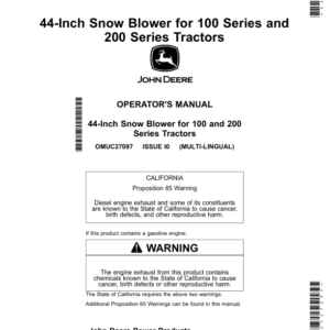 John Deere 44-Inch Snow Blower for 100 Series, 200 Series Tractors (North American) Operator's Manual (OMUC27097) - Image 1