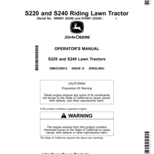 John Deere S220 (010001-), S240 (880001-900000) Riding Lawn Tractors (North American) Operator's Manual (OMUC28812) - Image 1