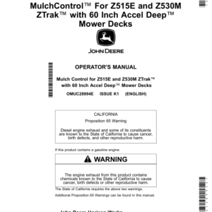 John Deere MulchControl For Z515E, Z530M ZTrak with 60 Inch Accel Deep Mower Decks (Worldwide Edition) Operator's Manual (OMUC28994E) - Image 1