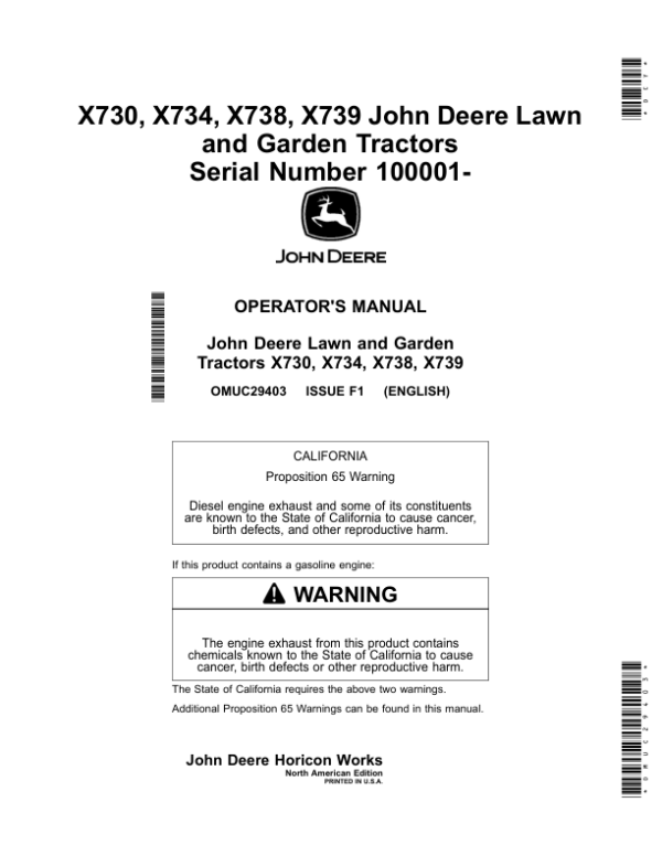 John Deere X730, X734, X738, X739 Lawn, Garden Tractors (100001-) (North American) Operator’s Manual (OMUC29403)