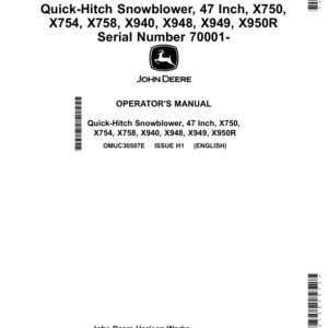 John Deere Quick-Hitch Snowblower, 47 Inch, X750, X754, X758, X940, X948, X949, X950R (070001-) (Export Edition) Operator's Manual (OMUC30507E) - Image 1