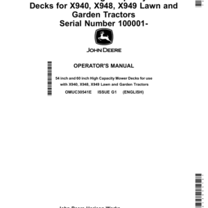 John Deere 54, 60 Inch High Capacity Mower Decks (100001-) for X940, X948, X949 Lawn, Garden Tractors (Export Edition) Operator's Manual (OMUC30541E) - Image 1