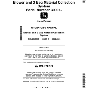 John Deere Blower, 3 Bag Material Collection System Serial Number 030001- (North American) Operator's Manual (OMUC30933E) - Image 1