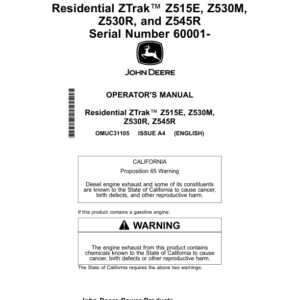 John Deere Residential ZTrak Z515E, Z530M, Z530R, Z545R (060001-100000) (North American) Operator's Manual (OMUC31105) - Image 1