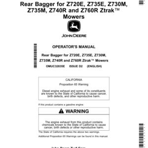 John Deere Rear Bagger for Z720E, Z735E, Z730M, Z735M, Z740R, Z760R Ztrak Mowers (North American) Operator's Manual (OMUC32835E) - Image 1