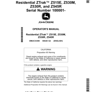 John Deere Residential ZTrak Z515E, Z530M, Z530R, Z545R (100001-,) (North American) Operator's Manual (OMUC33390) - Image 1