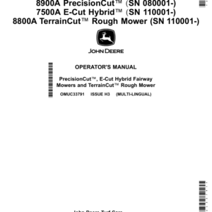 John Deere 7700A, 8700A PrecisionCut (110001-); 8900A PrecisionCut (080001-); 7500A E-Cut Hybrid (110001-); 8800A TerrainCut Rough Mower (110001-) (Export Edition) Operator's Manual (OMUC33791) - Image 1