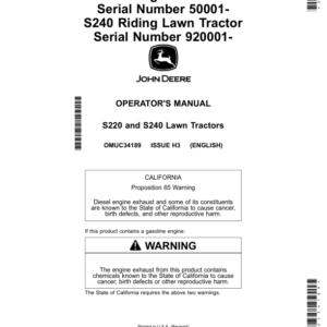 John Deere S220 Riding Lawn Tractor (050001-), S240 Riding Lawn Tractor (920001-) (North American) Operator's Manual (OMUC34189) - Image 1