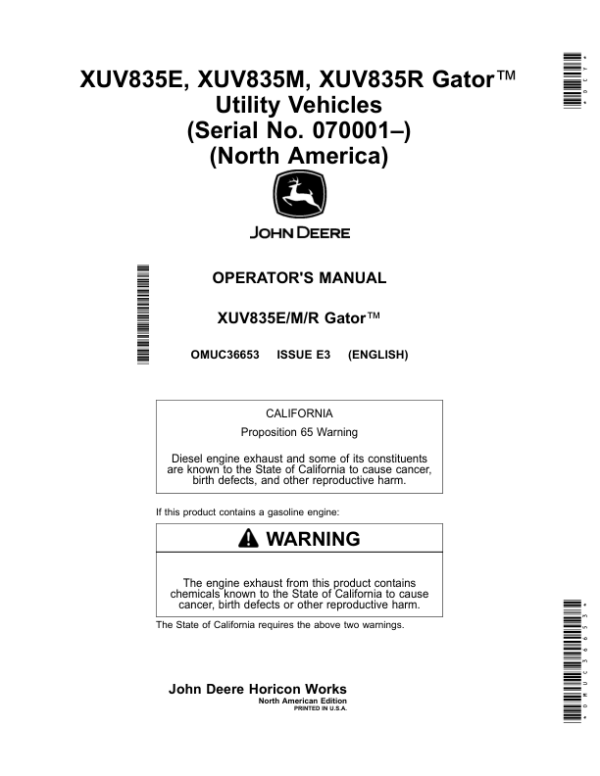 John Deere XUV835E, XUV835M, XUV835R Gator Utility Vehicles(Serial No. 070001–)(North America) (North American) Operator’s Manual (OMUC36653)