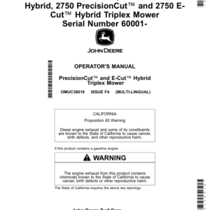 John Deere 2700 PrecisionCut, 2700 E-Cut Hybrid, 2750 PrecisionCut, 2750 E-Cut Hybrid Triplex Mower Serial Number 60001- Operator's Manual (OMUC38018) - Image 1