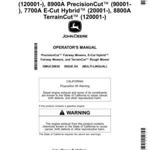 John Deere 7500A, 8000A E-Cut Hybrid (120001-), 7500A, 7700A, 8700A PrecisionCut (120001-), 8900A PrecisionCut (90001-), 7700A E-Cut Hybrid (20001-), 8800A TerrainCut (120001-) Operator's Manual (OMUC39830) - Image 1