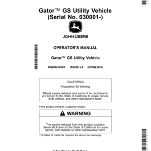 John Deere TS, TH 6X4 Gas, TH 6X4 and SAV Diesel Gator Utility Vehicles Technical Manual (TM167919) - Image 1