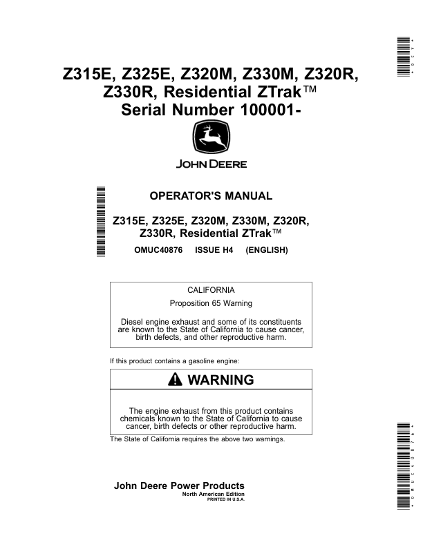 John Deere Z315E, Z325E, Z320M, Z330M, Z320R, Z330R, Residential