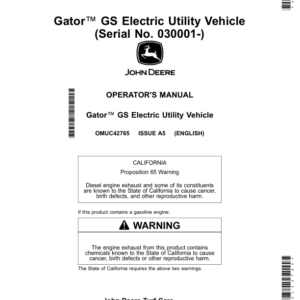 John Deere Gator GS Electric Utility Vehicle (Serial No. 030001-) Operator's Manual (OMUC42765) - Image 1