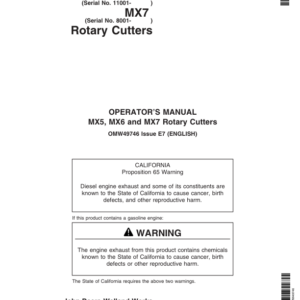 John Deere MX5 Rotary Cutters (001001-013999) MX6 Rotary Cutters (011001-028999) MX7 Rotary Cutters (008001-014999) North America Operator's Manual (OMW49746) - Image 1