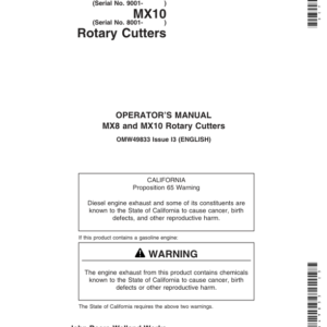 John Deere MX8 Rotary Cutters (009001-010799) MX10 Rotary Cutters (008001-009899) Operator's Manual (OMW49833) - Image 1