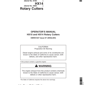 John Deere HX10 Rotary Cutters (006100-008599) HX14 Rotary Cutters (005900-007899) North America Operator's Manual (OMW51647) - Image 1