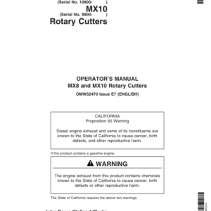 John Deere MX8 Rotary Cutters (010800-014999) MX10 Rotary Cutters (009900-013999) Operator's Manual (OMW52470) - Image 1