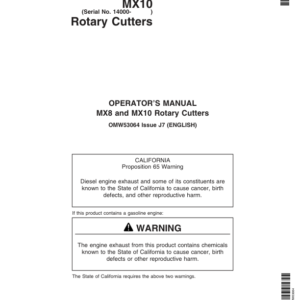 John Deere MX8 Rotary Cutters (015000-017999) MX10 Rotary Cutters (014000-016999) Operator's Manual (OMW53064) - Image 1