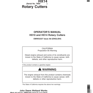 John Deere HX10 Rotary Cutters (008600-009999) HX14 Rotary Cutters (007900-008499) North America Operator's Manual (OMW53337) - Image 1