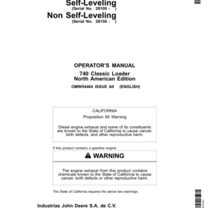 John Deere 740 Classic Loader Self-Leveling & Non Self-Leveling Operator's Manual (OMW54464) - Image 1