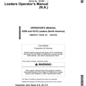 John Deere H260 & H310 Loaders North America (001000- ) Manufactured in Mexico Operator's Manual (OMW55317) - Image 1