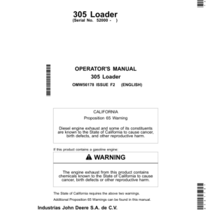 John Deere 305 Loader (52000-) 3032E, 3036E, 3038E (Export ) Operator's Manual (OMW56178) - Image 1