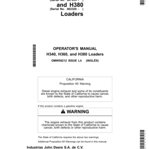 John Deere H340 Loaders (003744- ) H360 Loaders (007933- ) H380 Loaders (002320- ) North America Operator's Manual (OMW58212) - Image 1