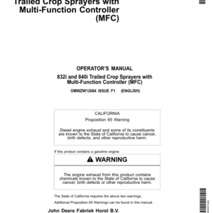 John Deere 832i & 840i Trailed Crop Sprayers with Multi-Function Controller (MFC) Operator's Manual (OMWZW12684) - Image 1