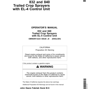 John Deere 832 & 840 Trailed Crop Sprayers with EL-4 Control Unit Operator's Manual (OMWZW13224) - Image 1