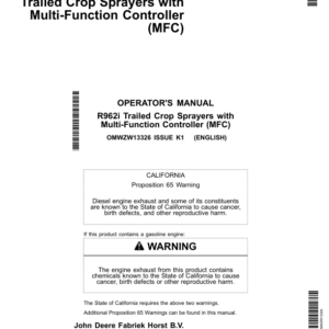 John Deere R962i Trailed Crop Sprayers w/Multi-Function Controller (MFC) Operator's Manual (OMWZW13326) - Image 1