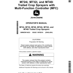 John Deere M724, M732, M740, M724i, M732i, M740i Trailed Crop Sprayers with Multi-Function Controller (MFC) Operator's Manual (OMWZW14833) - Image 1