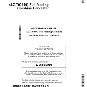 John Deere 4LZ-7 (C110) Full-feeding Combine Harvesters Operator's Manual (OMYC27467) - Image 1