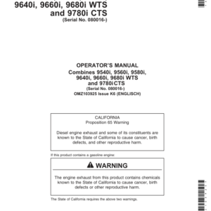 John Deere 9540i, 9560i, 9580i, 9640i, 9660i, 9680i WTS & 9780iCTS Combines Operator's Manual (OMZ103925) - Image 1