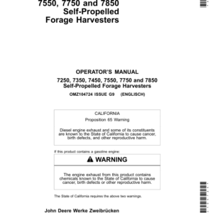 John Deere 7250, 7350, 7450, 7550, 7750 & 7850 Self- Propelled Forage Harvesters Operator's Manual (OMZ104724) - Image 1