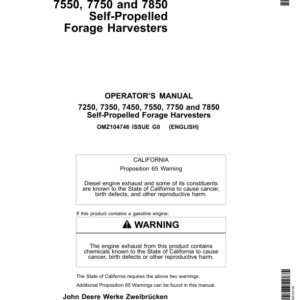 John Deere 7250, 7350, 7450, 7550, 7750 & 7850 Self- Propelled Forage Harvesters Operator's Manual (OMZ104746) - Image 1