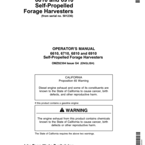 John Deere 6610, 6710, 6810 & 6910 Self-Propelled Forage Harvesters Operator's Manual (OMZ92304) - Image 1