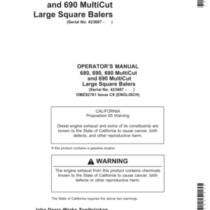 John Deere 680, 690, 680 & 690 MultiCut MultiCut Large Square Balers Operator's Manual (OMZ92761) - Image 1