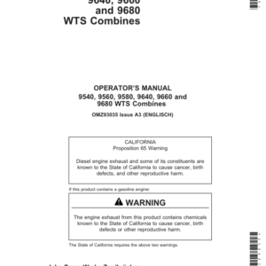 John Deere 9540, 9560, 9580, 9640, 9660 & 9680 CWS & WTS combines Operator's Manual (OMZ93035) - Image 1