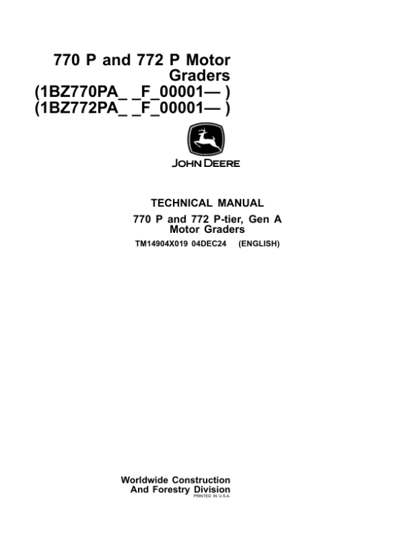 John Deere 770P, 772P Grader Repair Technical Manual (S.N F00001 -)