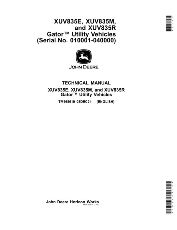 John Deere XUV835E, XUV835M, XUV835R Gator Utility Vehicle Repair Manual