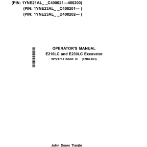 John Deere E210LC, E230LC Excavators Operator's Manuals (WY21781) - Image 1