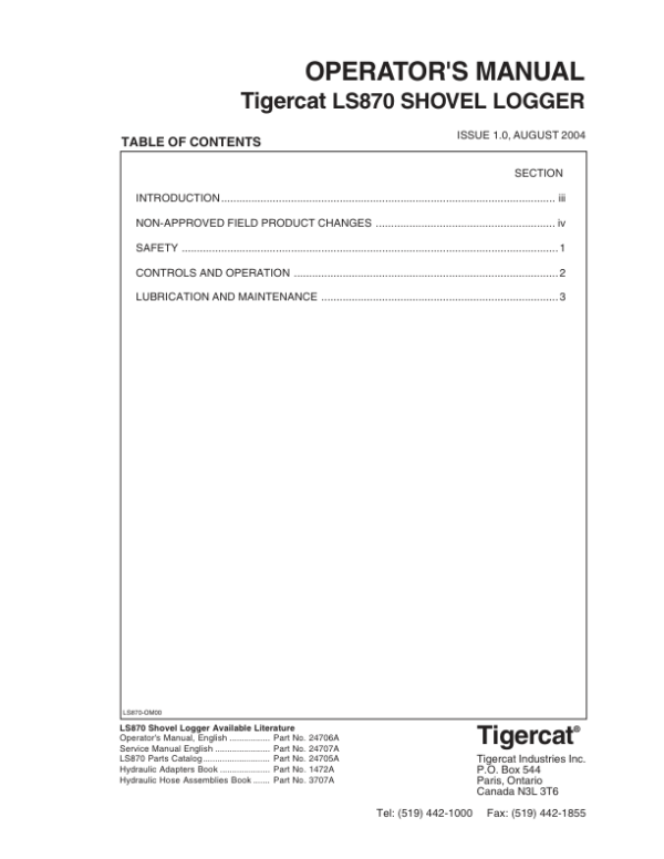 Tigercat LS870 Shovel Logger Operators Manual