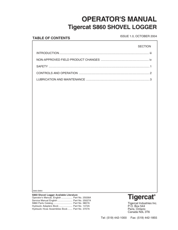 Tigercat S860 Shovel Logger Operators Manual