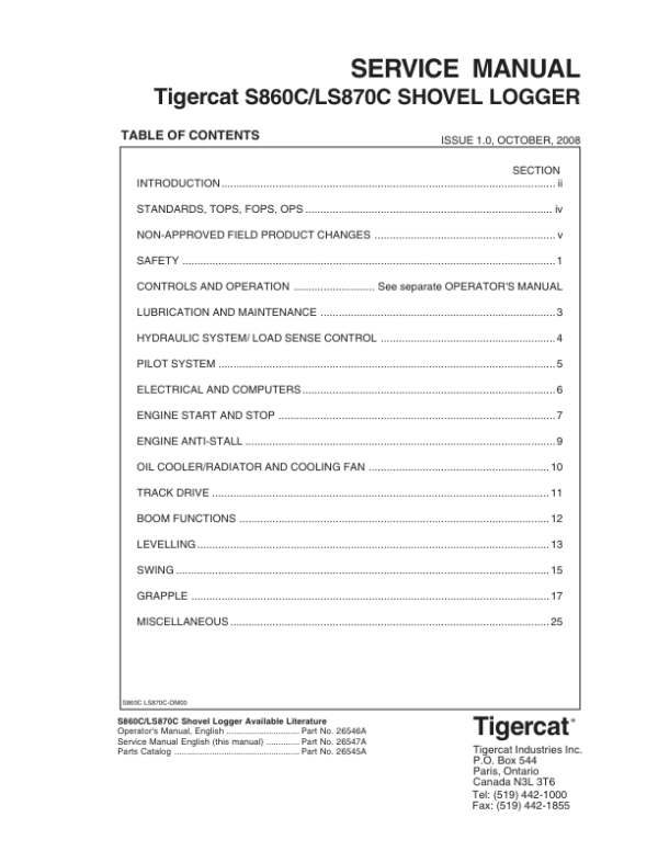 Tigercat S860C, LS870C Shovel Logger Repair Service Manual