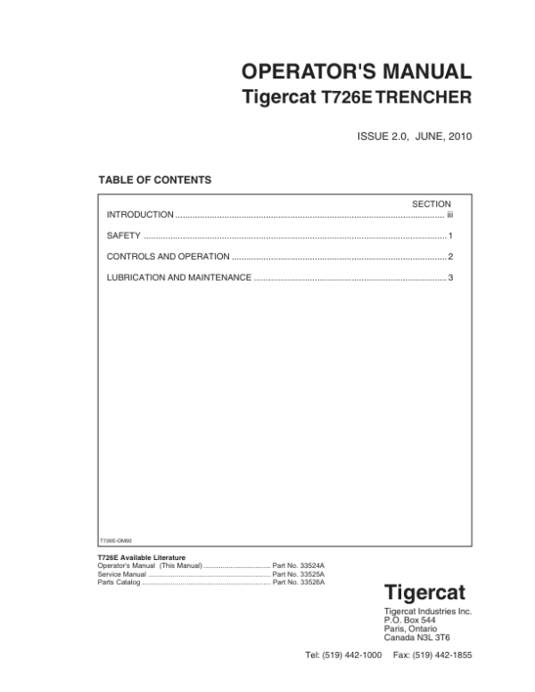 Tigercat T726E Trencher Operators Manual and Schematics