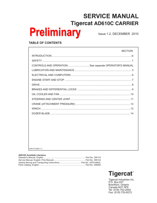 Tigercat AD610C Carrier Repair Service Manual