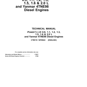 John Deere PowerTech 0.9, 1.1, 1.2, 1.3, 1.5, 1.6, 2.0L and Yanmar 4TNE98 Engines Component Technical Manual (CTM119)